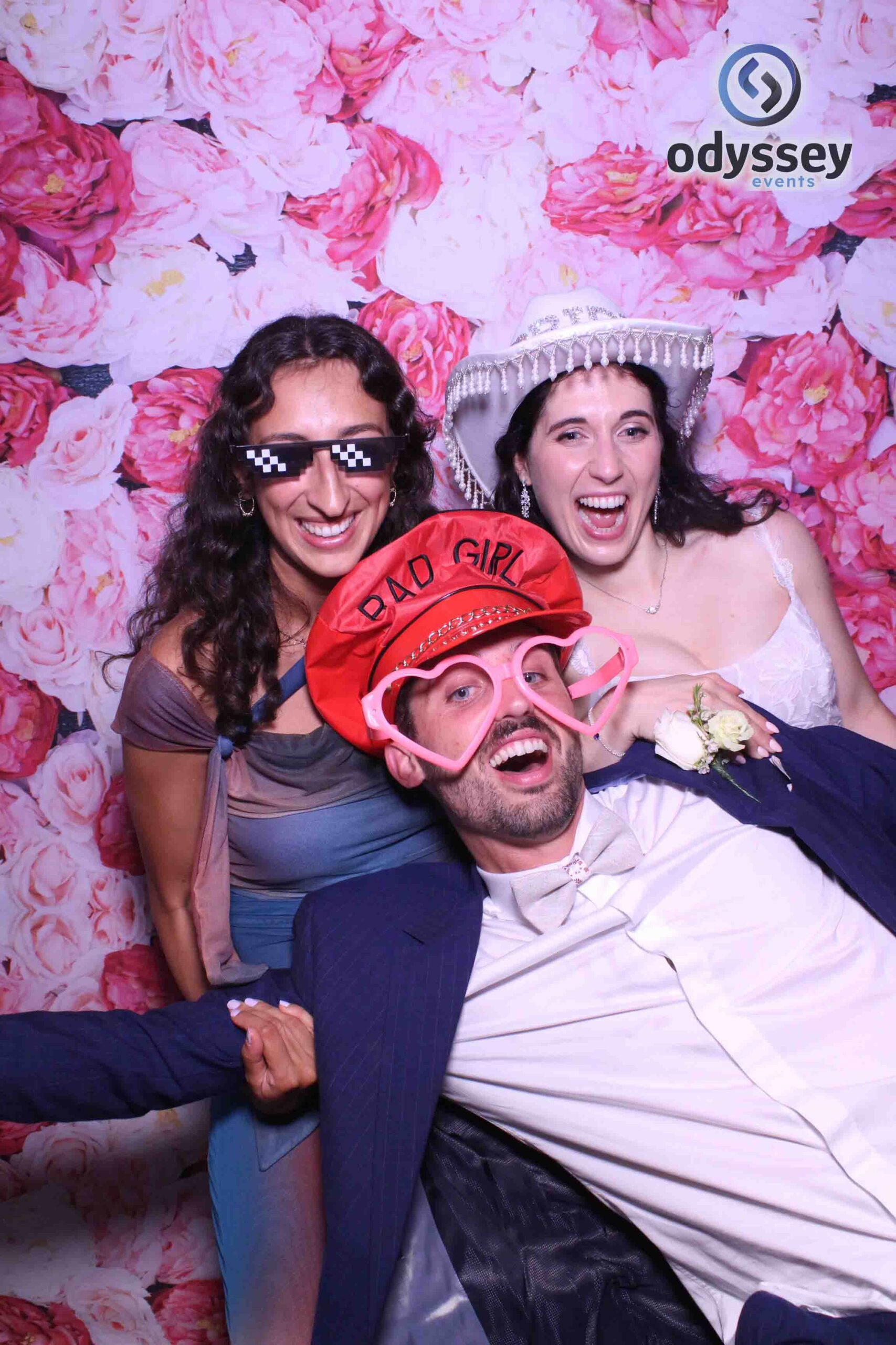 Odyssey Selfie Mirror wedding photobooth with pink and white floral background at The Spa Hotel, Tunbridge Wells