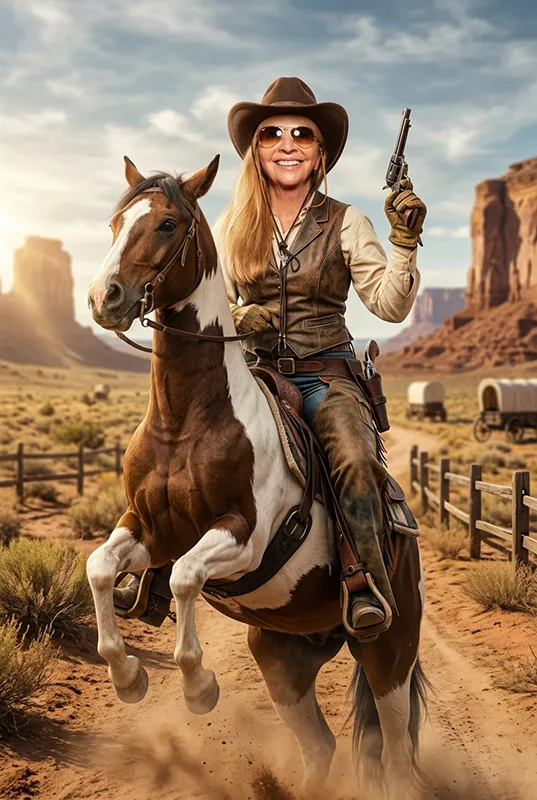 AI Wild West cowgirl riding a horse through a desert landscape