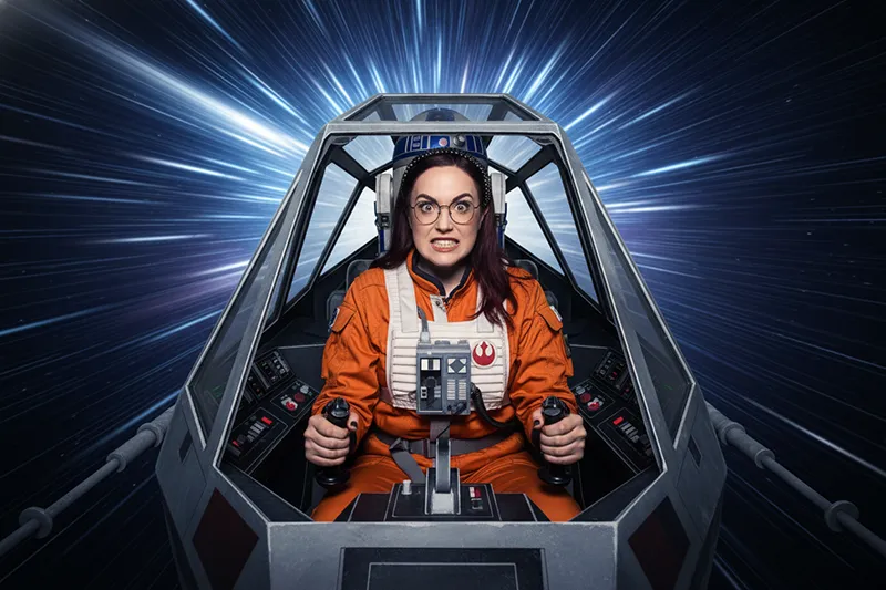 AI-generated portrait of a woman as a futuristic spacecraft pilot travelling through a blue hyperspace tunnel