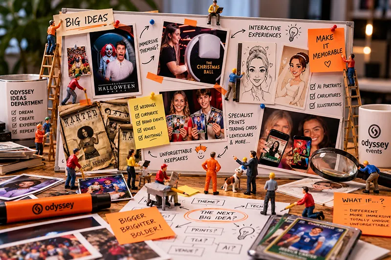 Miniature model railway figures brainstorming creative event experiences around the Odyssey Ideas Department moodboard