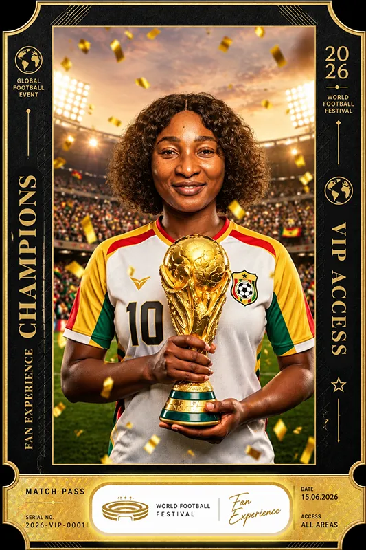 AI-generated football portrait of a woman holding a golden trophy, presented as a personalised black-and-gold VIP match pass