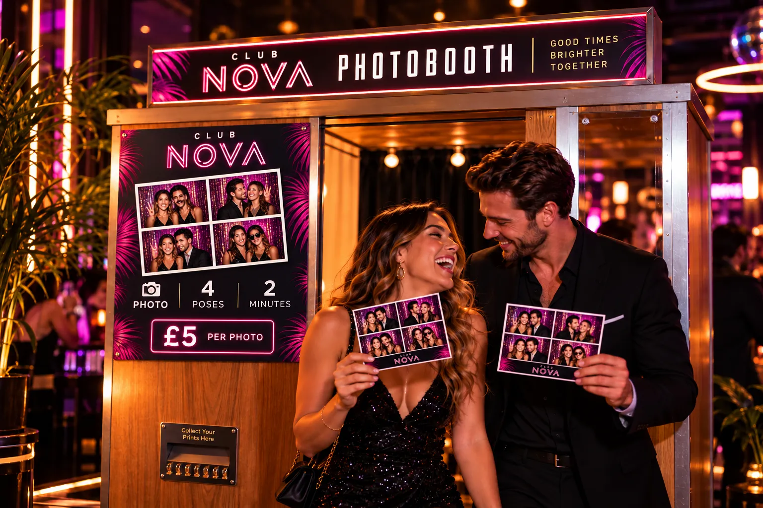 AI-generated concept visual showing a branded nightclub photobooth experience